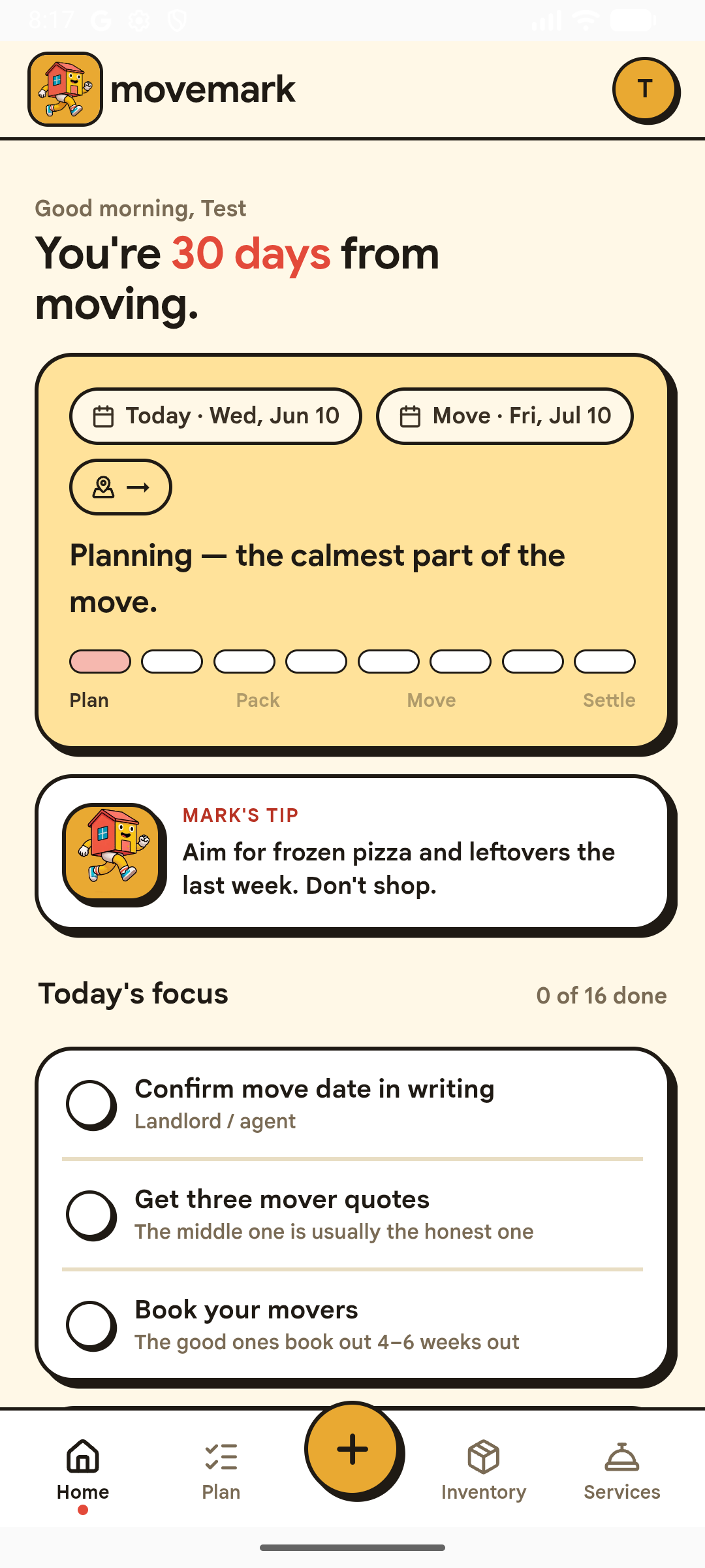 Movemark home screen showing a countdown to move day and today's focus tasks.