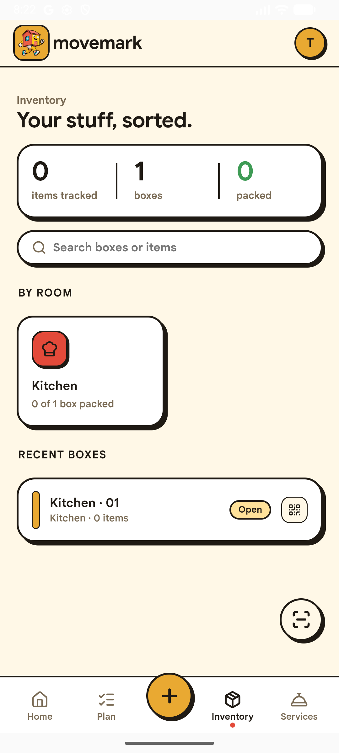 Movemark inventory screen showing boxes tracked by room.