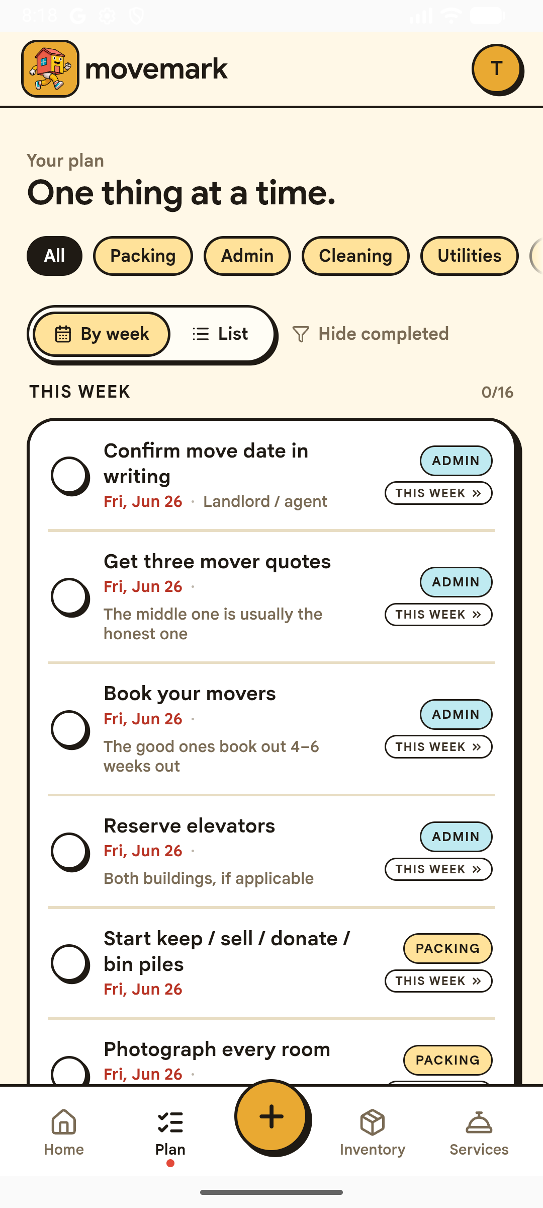 Movemark plan screen: tasks grouped by week with category filters.